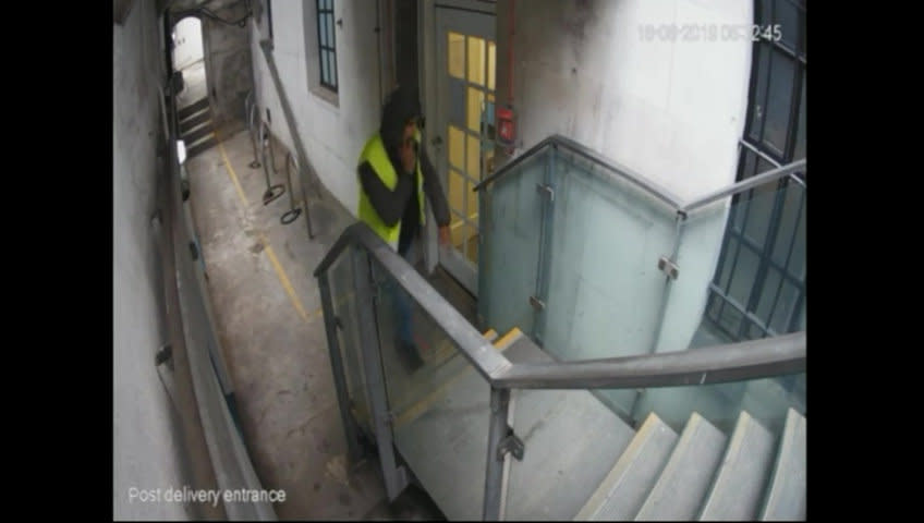 Video grab of Sharif Abbas going into the basement near Bond Street Tube station on June 16, 2019.See SWNS story SWNNkidnap. A pervert pretended to help a vulnerable teenager after she suffered a serious head injury - but instead dragged her off to a basement where he sexually assaulted her. Sharif Abbas, 31, kidnapped the 19-year-old victim after she fell down some stairs at an Underground station in central London and was left bleeding and with part of her skull exposed. Instead of calling emergency services, Abbas lead the stricken woman, who also had a broken wrist, to a nearby basement where he carried out a sex attack. The sick defendant approached her when she sat down to recover and donned a TfL high-vis jacket, then after telling her to wait for him, scouted out an empty basement of a nearby building.