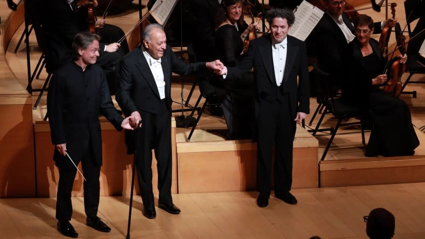 Esa-Pekka Salonen, left, Zubin Mehta and Gustavo Dudamel in "Great Performances" on PBS.