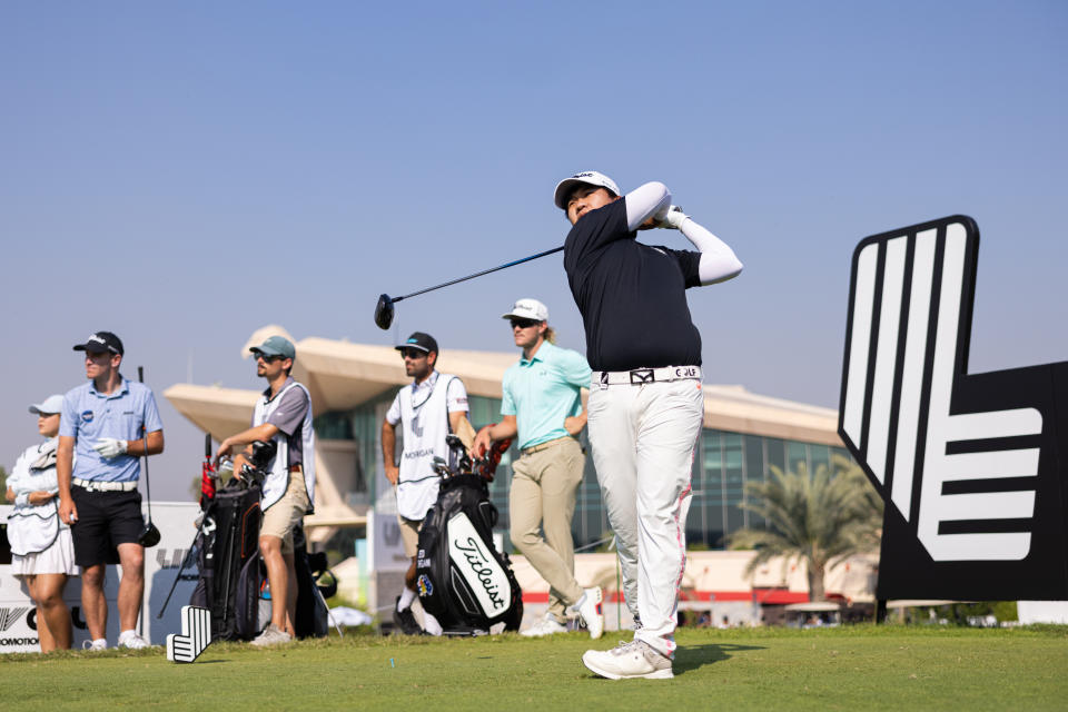 Poom Saksansin of Thailand hits his shot from the first tee during the second round of the LIV Golf Promotions at the Abu Dhabi Golf Club on Saturday, December 09, 2023 in Abu Dhabi, United Arab Emirates. (Photo by Chris Trotman/LIV Golf)