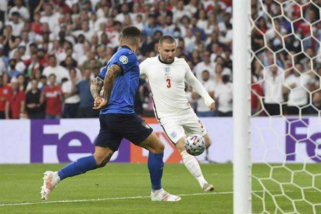 英格蘭左後衛路克蕭（右）開賽1分57秒率先攻破義大利球門，創下歐國盃決賽史上最快進球紀錄。（圖／美聯社）