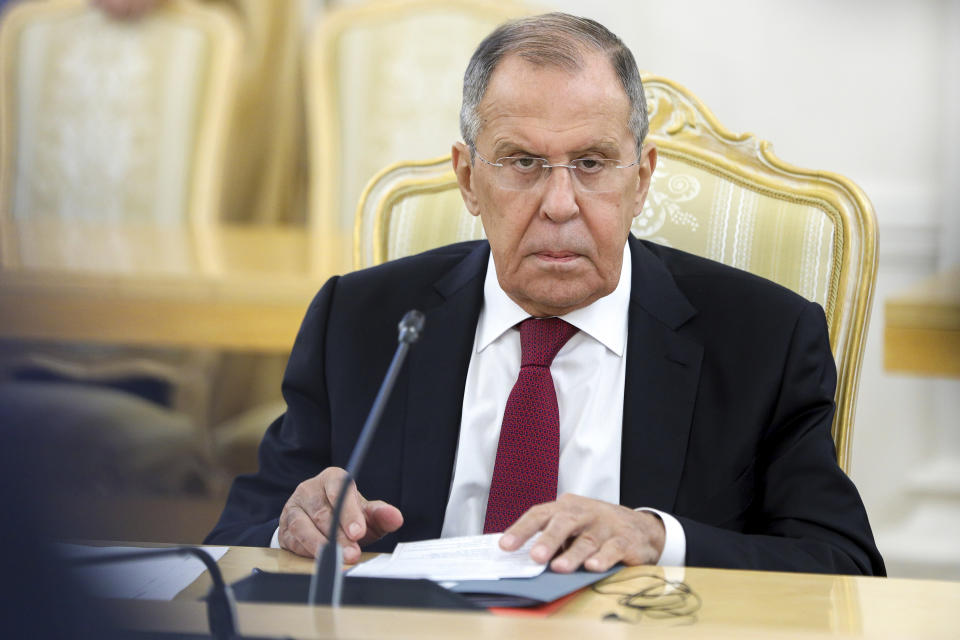 In this photo released by Russian Foreign Ministry Press Service, Russian Foreign Minister Sergey Lavrov looks on during his meeting with Chinese Foreign Minister Wang Yi in Moscow, Russia, Monday, Sept. 18, 2023. (Russian Foreign Ministry Press Service via AP)