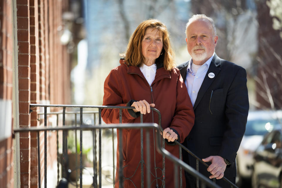 Ella Milman and Mikhail Gershkovich, the parents of Wall Street Journal reporter Evan Gershkovich, pose in Philadelphia, on Monday, March 25, 2024. Gershkovich has been jailed since March 2023 in Moscow on espionage charges, which he, his employer and the U.S. government deny. (AP Photo/Matt Rourke)