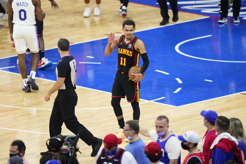 Atlanta Hawks' Trae Young reacts after the Hawks won Game 7 in a second-round NBA basketball playoff series against the Philadelphia 76ers, Sunday, June 20, 2021, in Philadelphia. (AP Photo/Matt Slocum)