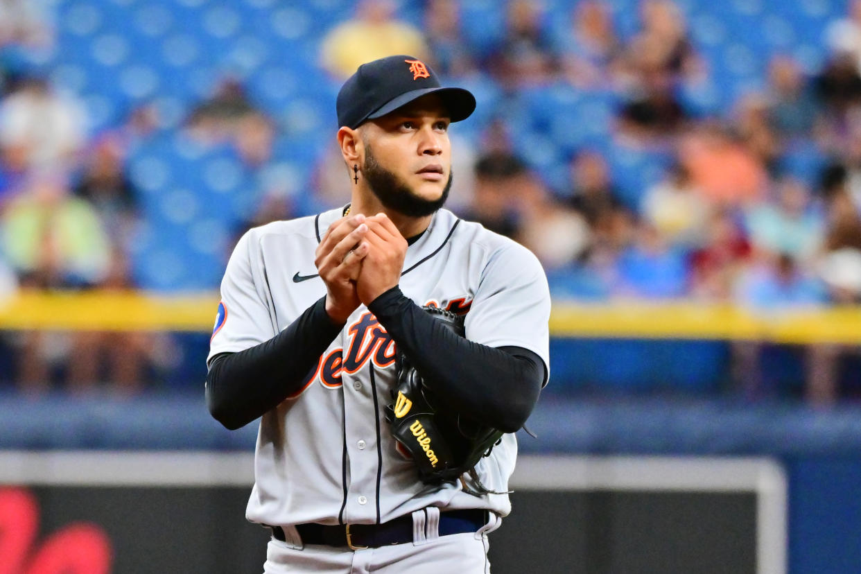 ST PETERSBURG, FLORIDA - MAY 18: Eduardo Rodriguez #59 of the Detroit Tigers reacts after walking in a run in the first inning against the Tampa Bay Rays at Tropicana Field on May 18, 2022 in St Petersburg, Florida. (Photo by Julio Aguilar/Getty Images)