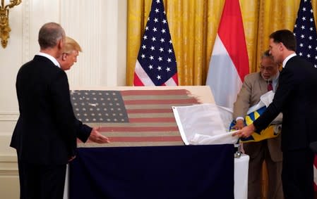 Trump and Netherlands Prime Minister Rutte take part in a flag presentation at the White House in Washington