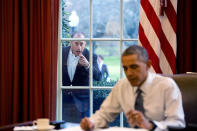 <p>"Comedian Jerry Seinfeld knocks on the Oval Office window to begin a segment for his series, 'Comedians in Cars Getting Coffee' on December 7, 2015." (Pete Souza/The White House) </p>
