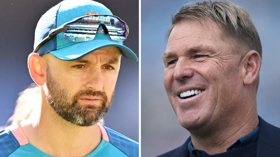 Nathan Lyon and Shane Warne are pictured side by side.