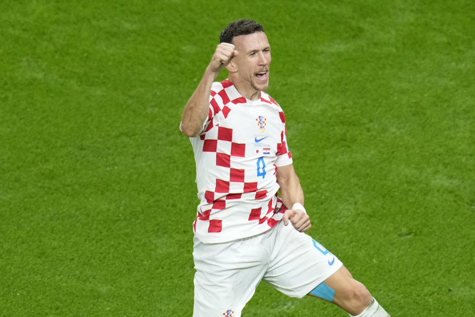 Croatia's Ivan Perisic celebrates after scoring his side's opening goal during the World Cup round of 16 soccer match between Japan and Croatia at the Al Janoub Stadium in Al Wakrah, Qatar, Monday, Dec. 5, 2022. (AP Photo/Ricardo Mazalan)