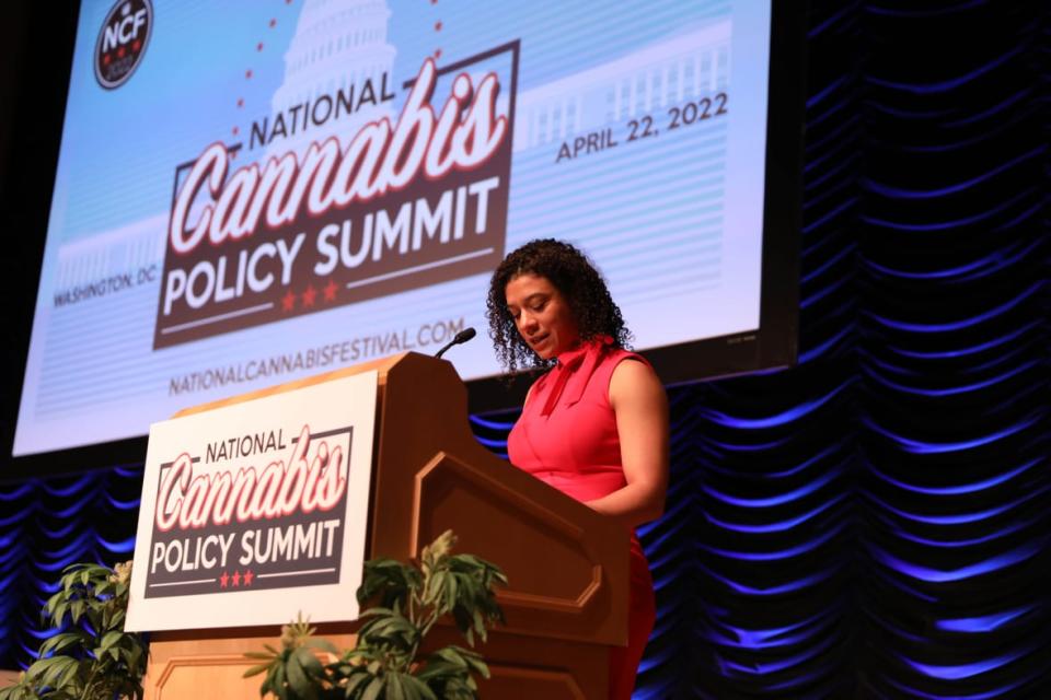 Caroline Phillips, founder of the National Cannabis Festival & National Cannabis Festival Summit, speaks onstage during the National Cannabis Festival Summit on April 22, 2022, at the Ronald Reagan Building in Washington, D.C. (Photo by Brian Stukes/Getty Images)