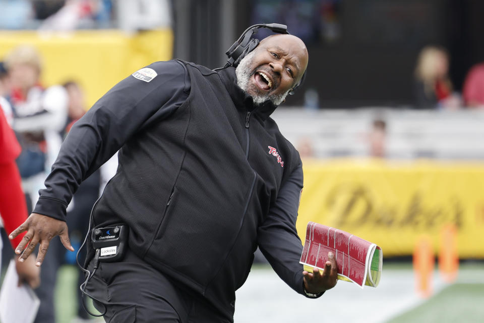 FILE - Maryland head coach Mike Locksley argues with an official as his team plays against North Carolina State during the second half of the Duke's Mayo Bowl NCAA college football game in Charlotte, N.C., Friday, Dec. 30, 2022. Maryland opens their season at home against Towson on Sept. 2. (AP Photo/Nell Redmond, File)