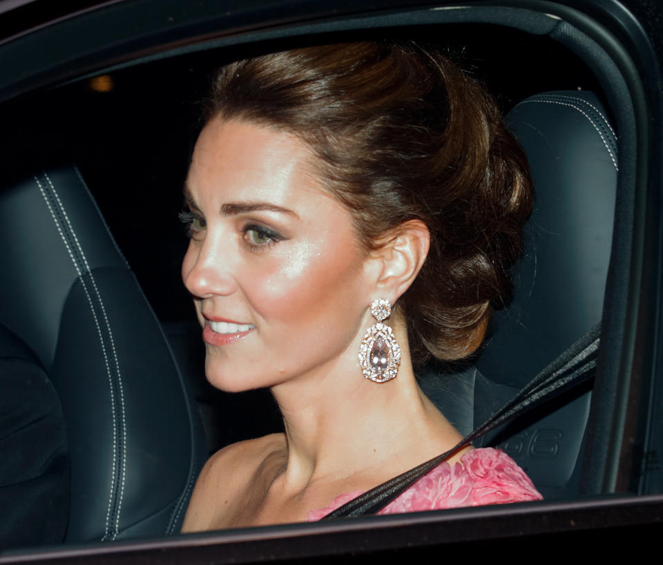 Kate Middleton arrived at Prince Charles’ birthday party wearing glittering diamond earrings. Photo: Getty Images