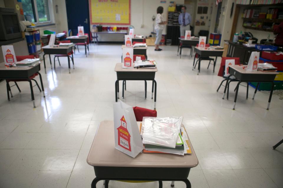 Welcome packages and lesson plan kits sit on desks of kindergarten teacher Yuronda Adams' classroom Wednesday, September 2, 2020, at Lake Forest East Elementary. Adams plans to have only three in-person students while the rest will attend class virtually.