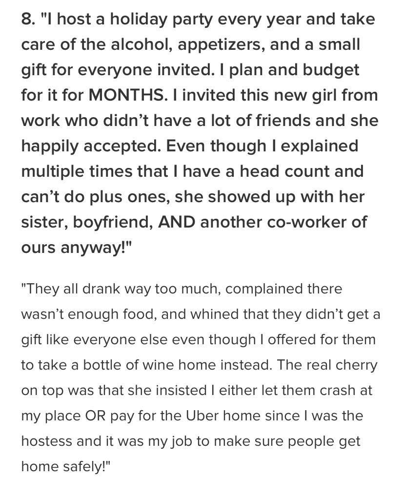 Coworker brings three people to a "no plus-one" party and they all drink too much, complain there's not enough food, and insist that the host let them crash or pay for Uber since it's her job to make sure people get home safely