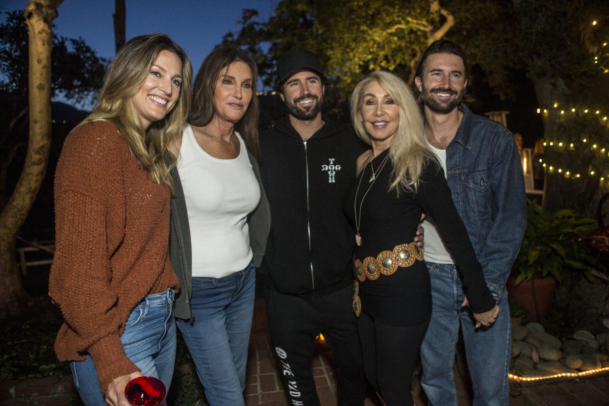 MALIBU, CALIFORNIA - MAY 11: Cassandra Marino, Caitlyn Jenner, Brody Jenner, Linda Thompson and Brandon Jenner pose for a portrait at Brandon Jenner's Interactive Party, Live Show And Video Premiere For His New Single "Death Of Me" on May 11, 2019 in Malibu, California. (Photo by Harmony Gerber/Getty Images)