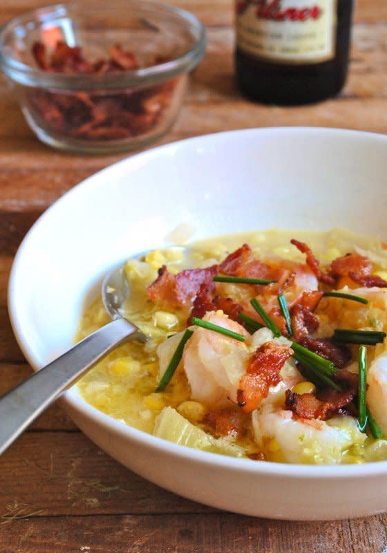 <strong>Get the <a href="http://bevcooks.com/2011/07/shrimp-and-corn-chowder-with-bacon/" target="_blank">Shrimp and Corn Chowder with Bacon recipe</a> by Bev Cooks</strong>