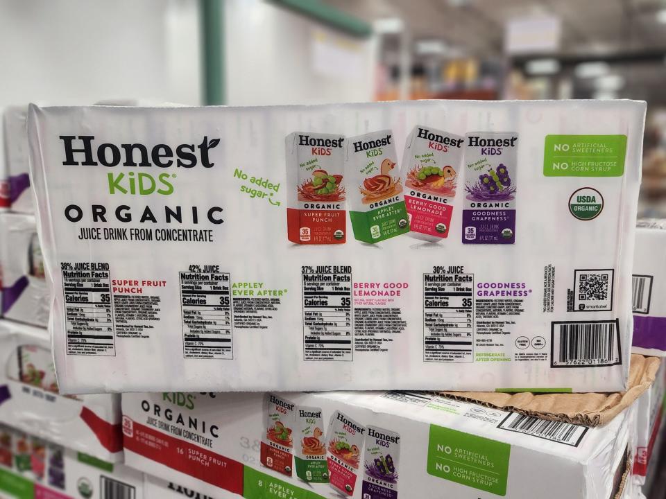 White package with graphics of red, green, pink, and purple juice boxes at Costco