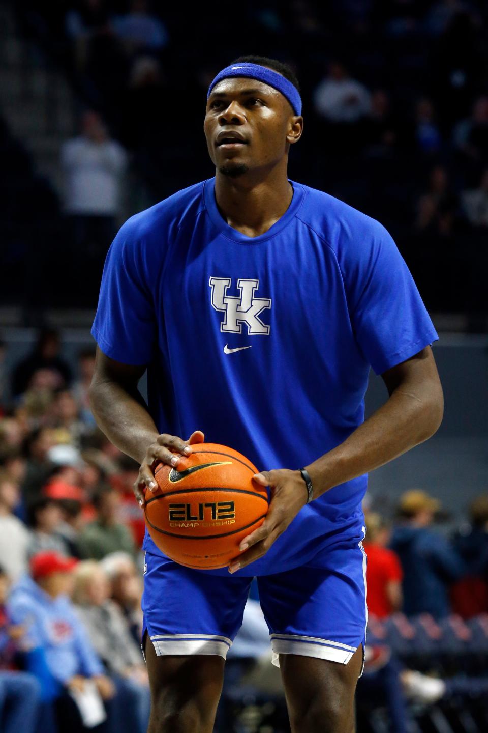 Jan 31, 2023; Oxford, Mississippi, USA; Kentucky Wildcats forward Oscar Tshiebwe (34) shoots prior to the game against the Mississippi Rebels at The Sandy and John Black Pavilion at Ole Miss. Mandatory Credit: Petre Thomas-USA TODAY Sports