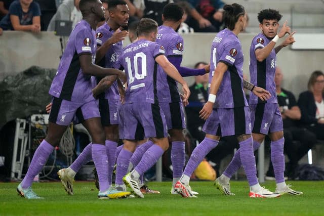 Luis Diaz, right, celebrates putting Liverpool ahead 