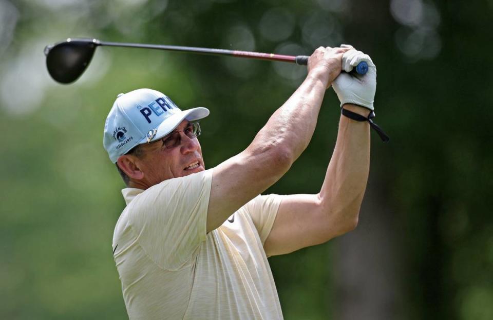 Former NFL head coach Ron Rivera watches the flight of his ball off the 11th tee during the Wells Fargo Championship Pro-Am at Quail Hollow Club on Wednesday, May 8, 2024. JEFF SINER/jsiner@charlotteobserver.com
