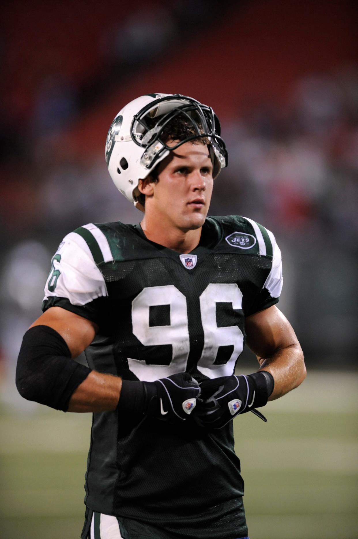 New York Jets' Jason Trusnik after an NFL preseason football game at Giants Stadium Thursday, Sept. 3, 2009 in East Rutherford, N.J. (AP Photo/Bill Kostroun)