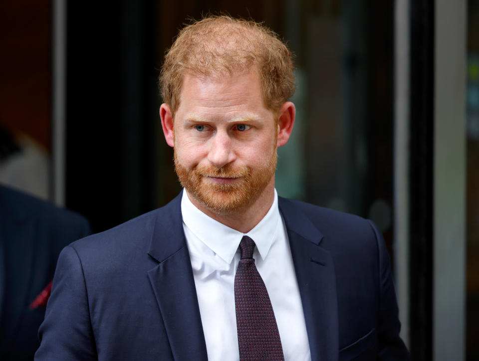 LONDON, UNITED KINGDOM - JUNE 06: (EMBARGOED FOR PUBLICATION IN UK NEWSPAPERS UNTIL 24 HOURS AFTER CREATE DATE AND TIME) Prince Harry, Duke of Sussex departs the Rolls Building of the High Court after giving evidence during the Mirror Group phone hacking trial on June 6, 2023 in London, England. Prince Harry is one of several claimants in a lawsuit against Mirror Group Newspapers related to allegations of unlawful information gathering in previous decades. (Photo by Max Mumby/Indigo/Getty Images)