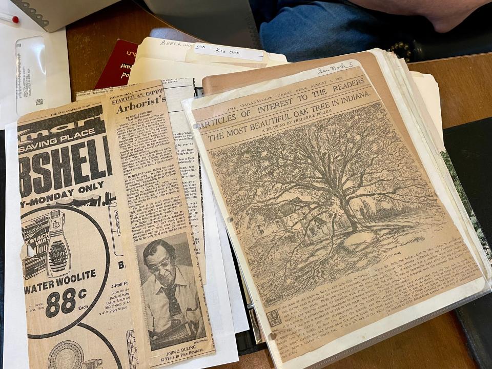 The Irvington Historical Society maintains several newspaper clips and other items related to the Kile Oak, in a photo taken May 21, 2022.