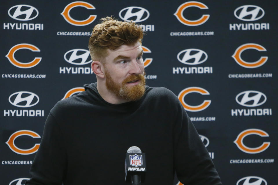 Chicago Bears quarterback Andy Dalton addresses the media after an NFL football game against the Detroit Lions, Thursday, Nov. 25, 2021, in Detroit. (AP Photo/Duane Burleson)