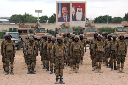 FILE PHOTO: Somali military officers attend a training programme by the United Arab Emirates at their military base in Mogadishu
