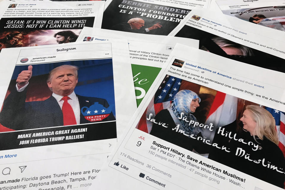 Some of the Facebook and Instagram ads linked to a Russian effort to disrupt the American political process and stir up tensions around divisive social issues, released by members of the U.S. House Intelligence committee, are photographed in Washington, on Wednesday, Nov. 1, 2017. A report compiled by private researchers and released by the Senate intelligence committee Monday says that "active and ongoing" Russian interference operations still exist on social media platforms, and that the Russian operation discovered after the 2016 presidential election was much broader than once thought. (AP Photo/Jon Elswick)