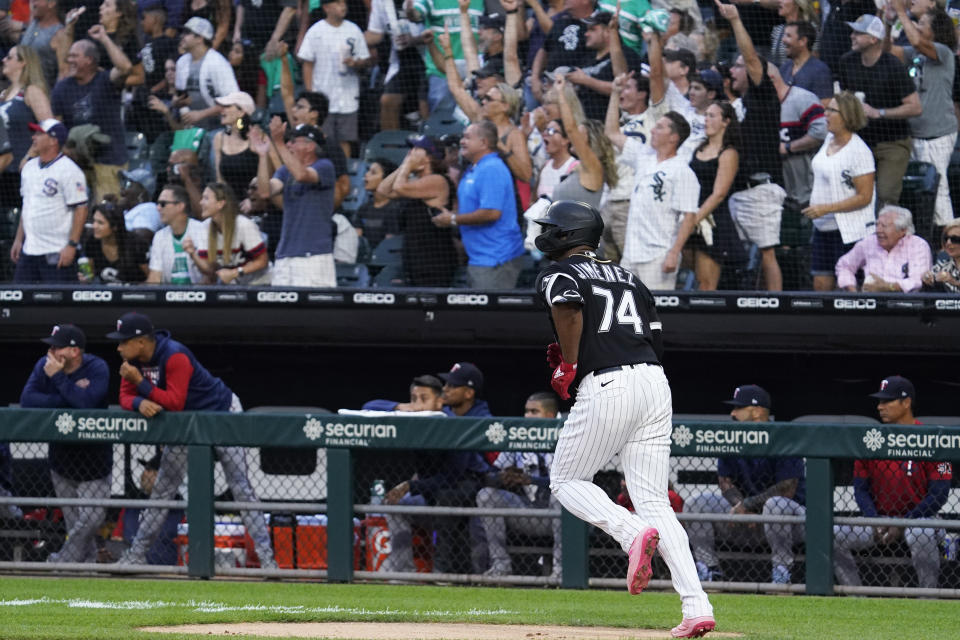 Chicago White Sox's Eloy Jimenez rounds the bases after hitting a three-run home run during the first inning of a baseball game against the Minnesota Twins in Chicago, Saturday, Sept. 3, 2022. (AP Photo/Nam Y. Huh)