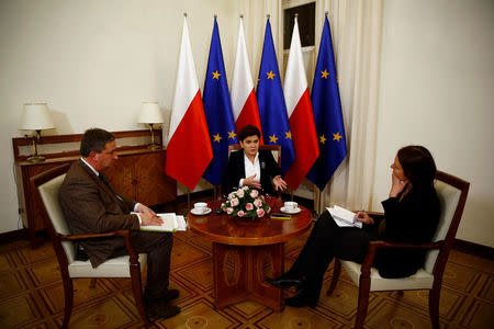 Poland's Prime Minister Beata Szydlo speaks during an interview with Reuters at the Prime Minister Chancellery in Warsaw, Poland November 16, 2016. Picture taken November 16, 2016. REUTERS/Kacper Pempel