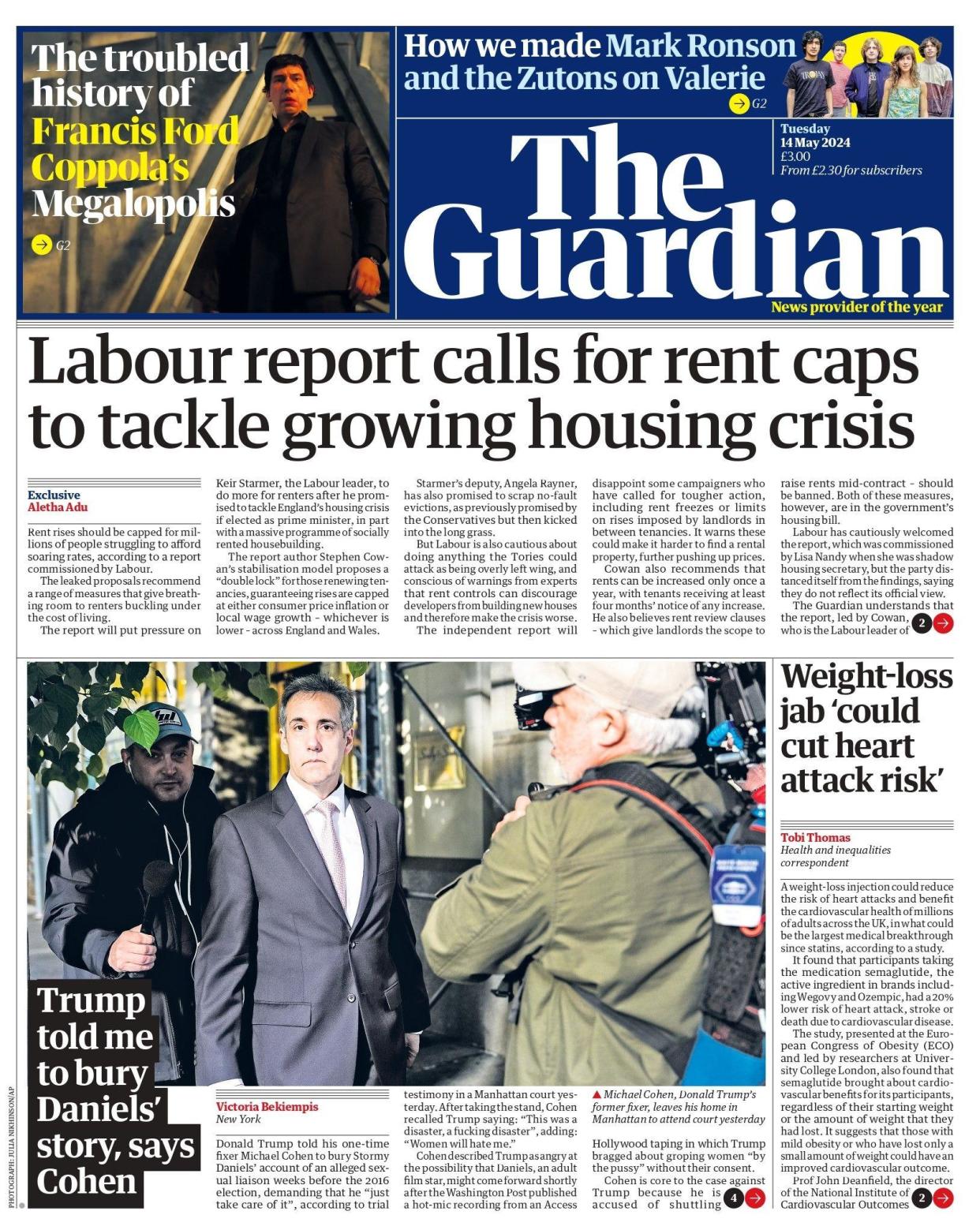 Tuesday's Guardian: Cap rent rises in England and Wales, Labour-commissioned report says