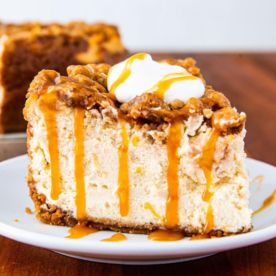 <p>Just because this cheesecake is heavy on the toppings doesn't mean it's protected from cracking. If you want to avoid any potential cracking, a water bath is needed. If you don't want to bother, you could always cover it with some extra whipped cream and a caramel drizzle. We won't tell. 😉</p><p>Get the <a href="https://www.delish.com/uk/cooking/a34382539/apple-crisp-cheesecake-recipe/" rel="nofollow noopener" target="_blank" data-ylk="slk:Apple Crumble Cheesecake" class="link rapid-noclick-resp">Apple Crumble Cheesecake</a> recipe.</p>