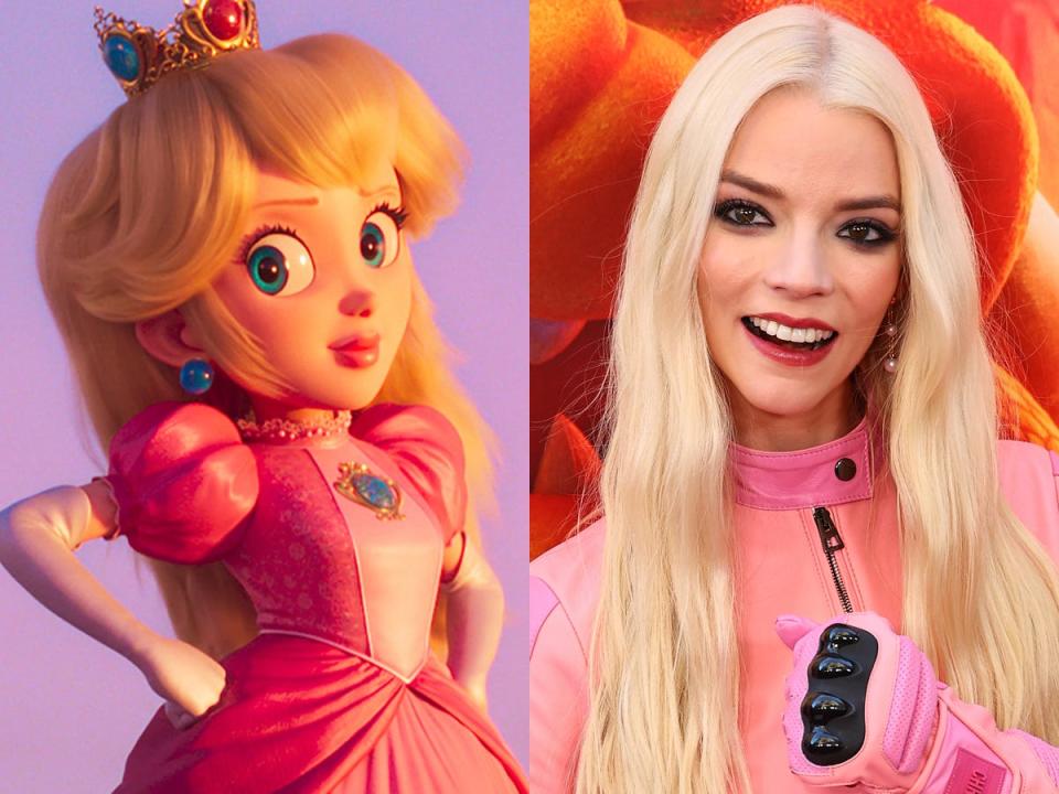 On the left: Princess Peach in "The Super Mario Bros. Movie." On the right: Anya Taylor-Joy at the LA premiere of "The Super Mario Bros. Movie."