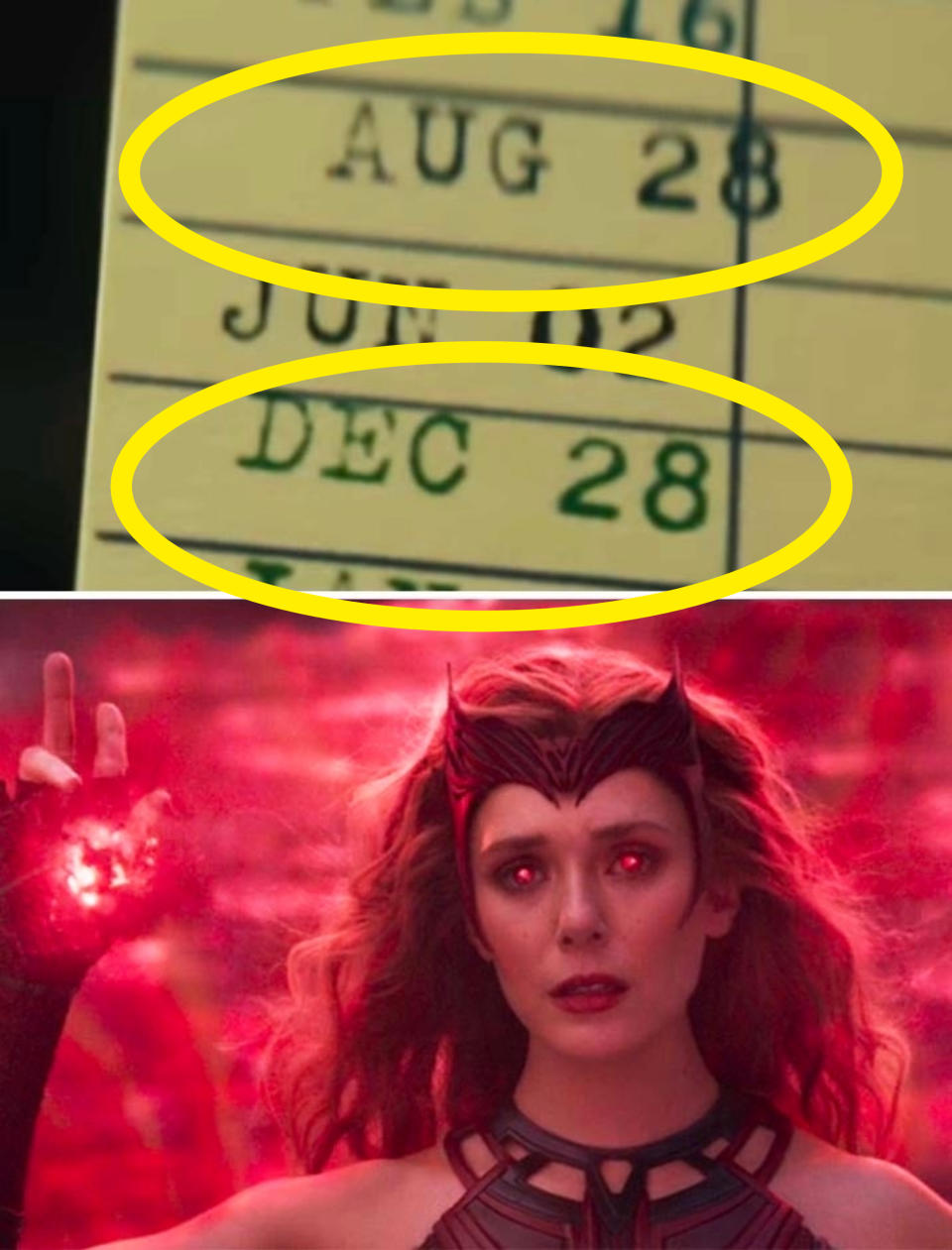 Close-up of a library card with dates, followed by a scene from a movie featuring Scarlet Witch, played by Elizabeth Olsen, with glowing red energy in her hand