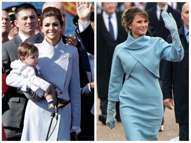 Left: Casey DeSantis at Ron DeSantis' first inauguration as Florida governor in 2019. Right: Melania Trump at Donald Trump's presidential inauguration in 2017.