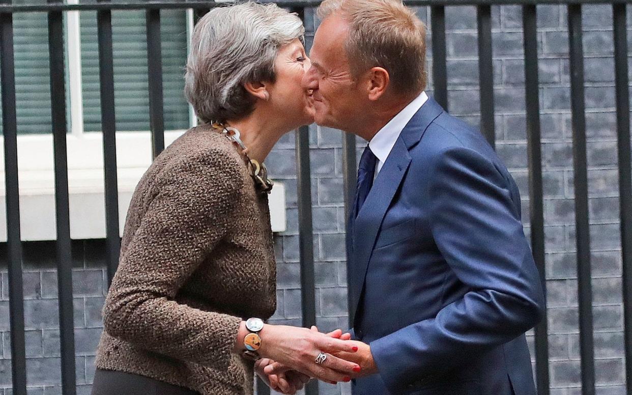 European Council President Donald Tusk meets British Prime Minister Theresa May at 10 Downing Street in Londo - AP