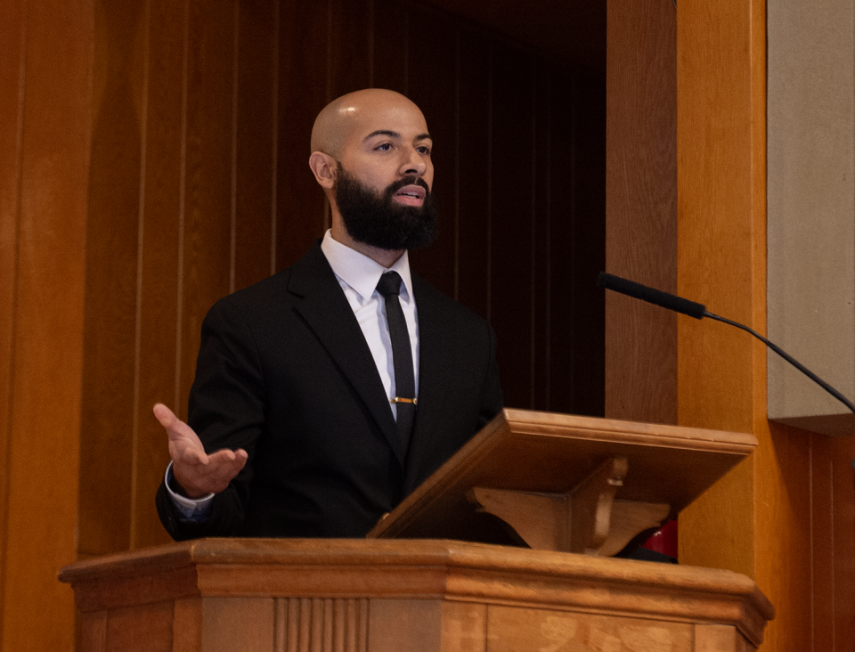 Michael Daniels speaks at the annual Martin Luther King Jr. Prayer Breakfast on Saturday.