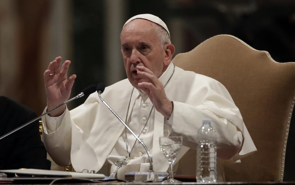 Pope Francis speaks during a meeting with the dioceses of Rome, at the Vatican Basilica of St. John Lateran, in Rome, Thursday, May 9, 2019. (AP Photo/Alessandra Tarantino)