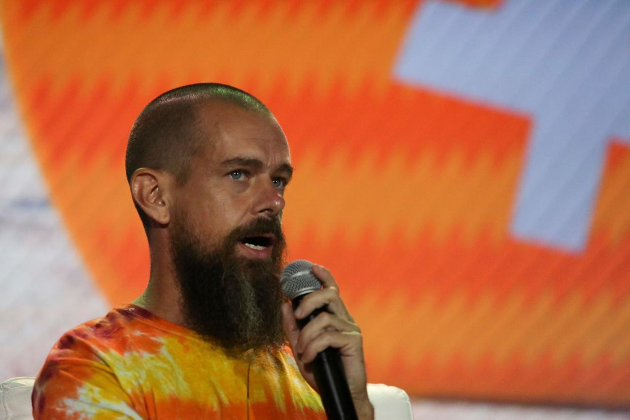 Jack Dorsey, pictured at the crypto-currency conference Bitcoin 2021 Convention in June, stepped down as CEO of Twitter in November.