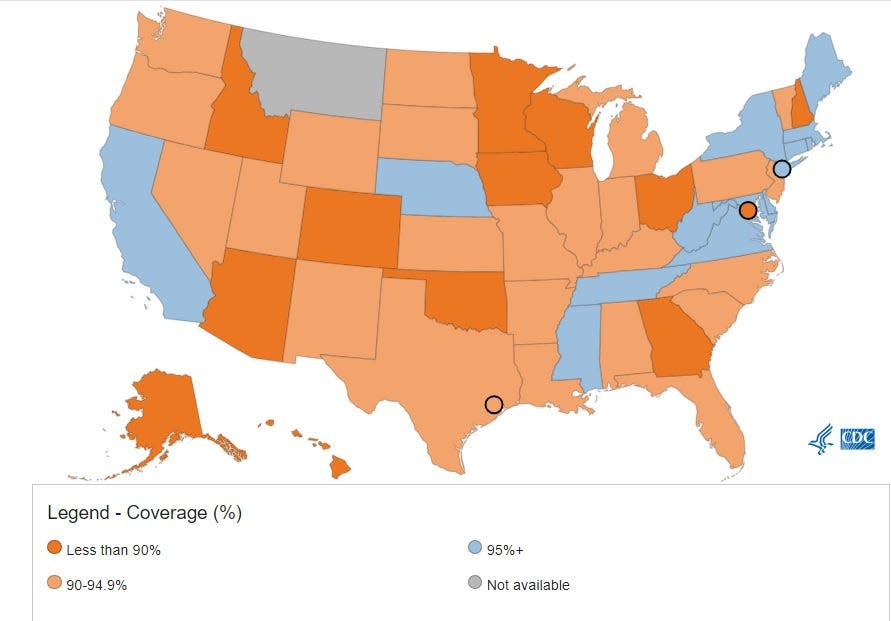 Measles vaccination rate across the U.S. for the 2022-2023 school year.