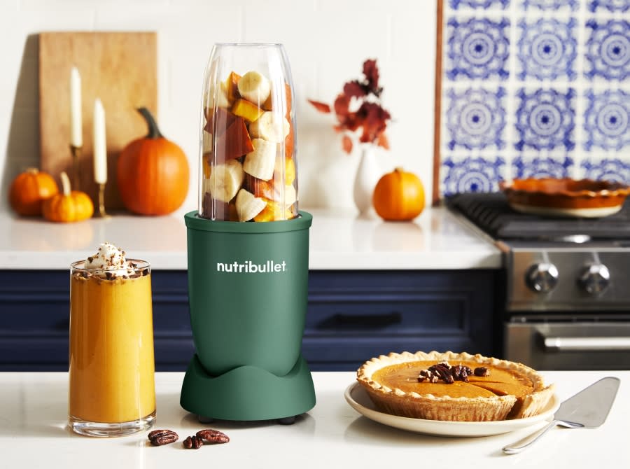 Pumpkin pie Thanksgiving side dish smoothie on a kitchen counter