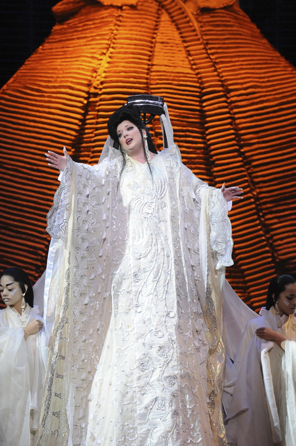 In this Jan. 14, 2012 photo provided by Opera Australia, a scene from an Opera Australia production of "Turandot" is played out at the Sydney Opera House in Sydney, Australia. Opera Australia's revival of Puccini's "Turandot" represents a triumph of the traditional, taking a fairy tale of ancient China on its own terms and bringing it to life through dazzling stagecraft. (AP Photo/Opera Australia, Branco Gaica) EDITORIAL USE ONLY