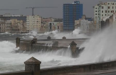 Waves crash against the seafront boulevard El Malecon ahead of the passing of Hurricane Irma, in Havana, Cuba September 9, 2017. REUTERS/Stringer