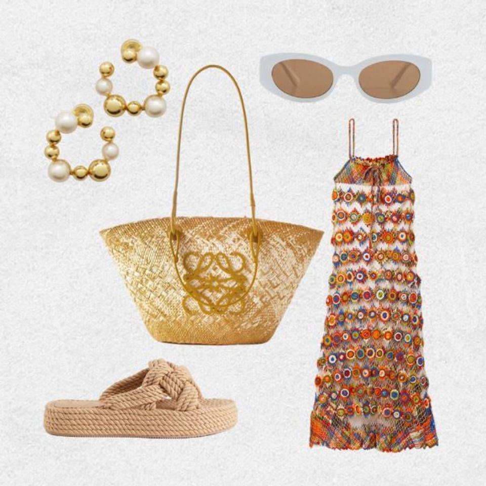 Raffia bag styled with vibrant maxi dress, white sunglasses, gold earrings and slides 