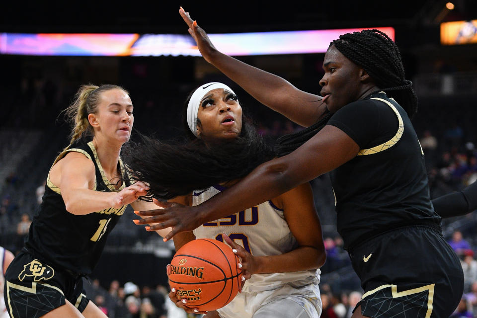 Colorado stunned Angel Reese and No. 1 LSU Monday night. (Brian Rothmuller/Icon Sportswire via Getty Images)