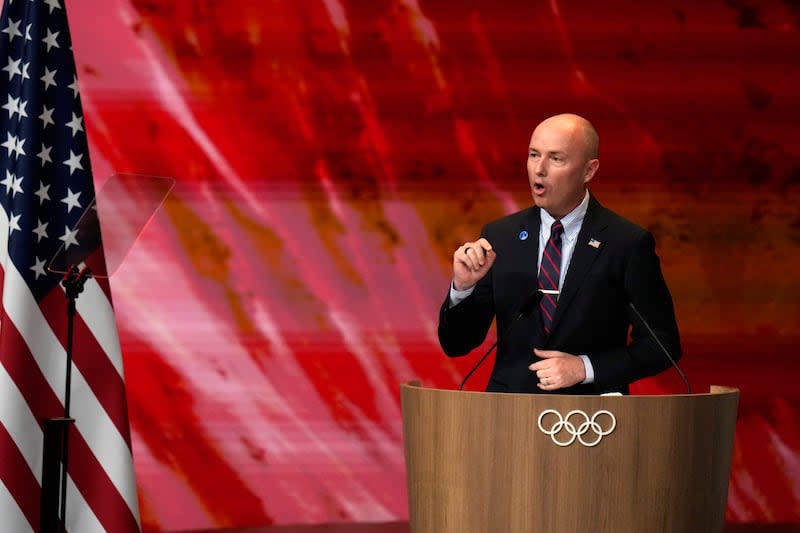 Utah Gov. Spencer Cox speaks about Salt Lake City's bid to host the 2034 Winter Olympics, during the 142nd IOC session at the 2024 Summer Olympics, Wednesday, July 24, 2024, in Paris, France. | Natacha Pisarenko