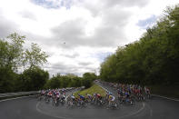 A view of the pack during stage 2 of the Giro d'Italia from San Francesco al Campo to Santuario di Oropa, Italy, Sunday May 5, 2024. (Fabio Ferrari/LaPresse via AP)