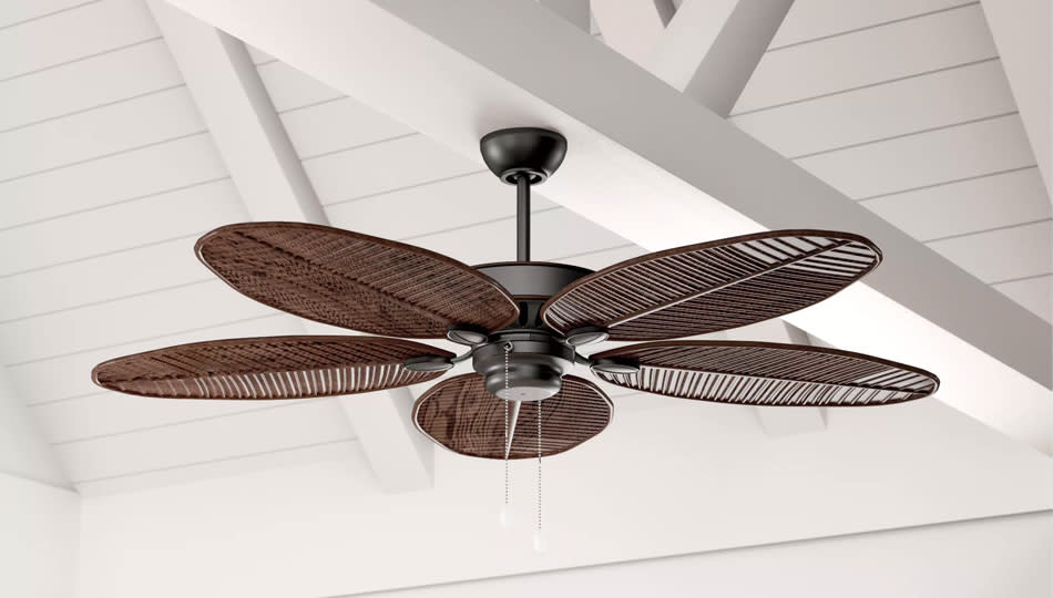 Bring a tropical feel to your outdoor space, with this gorgeous leaf-blade ceiling fan. (Photo: Wayfair)
