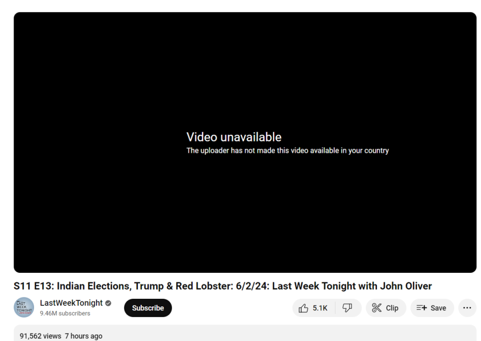 The YouTube page of the episode when viewed in India (LastWeekTonight/YouTube)